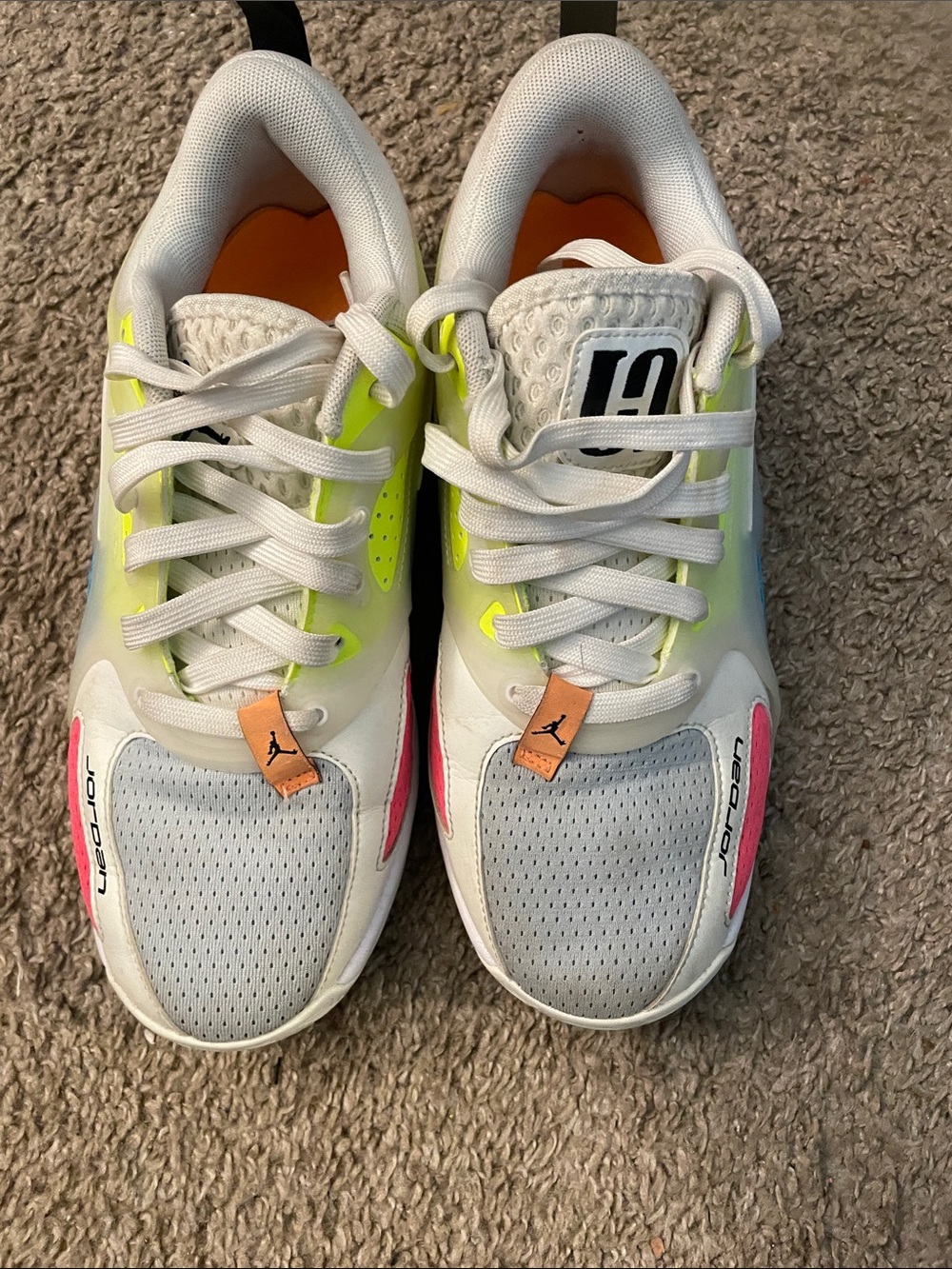 Jordan Kids White Sneakers with Neon Yellow and Pink Accents